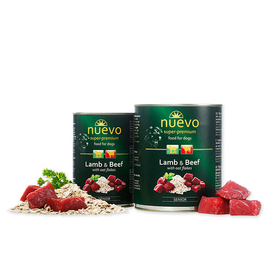 Nuevo Cibo per cani SENIOR in lattina agnello e manzo con fiocchi di avena 400gr